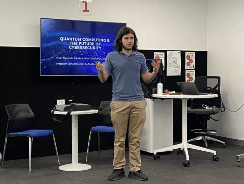 ExeQuantum founder Samuel Tseitkin delivering a guest lecture on post-quantum cybersecurity at Swinburne University