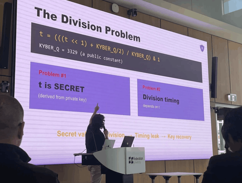 ExeQuantum CEO Samuel Tseitkin presenting the ML-KEM timing side-channel vulnerability that the Jasmin architecture solves